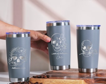 Personalized Halloween Floral Skull 20oz Tumbler, Laser Engraved Tumbler, Halloween Stainless Steel Mug, Insulated Tumbler