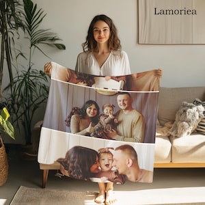May include: A personalized photo blanket with a collage of four photos. The photos show a family of four, including a young child. The blanket is white with a light brown border.