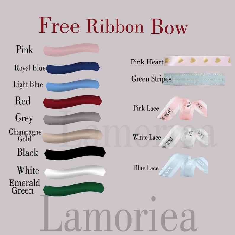 May include: Image showcasing a variety of ribbons in different colors and styles. The image includes solid ribbons in pink, royal blue, light blue, red, grey, champagne gold, black, white, and emerald green. Also shown are ribbons with pink hearts, green stripes, and lace ribbons with the text "YOU".