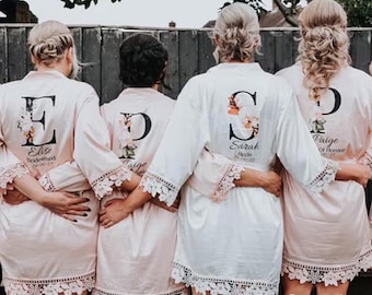 Personalised Bridesmaid Bride robe, Wedding Dressing Gown, floral Bridal robe, Floral Satin Wedding Robes, white bridal Robe, bridal robe