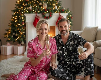 Gepersonaliseerde Married Christmas-pyjama, onze eerste kerst, bijpassende pyjama voor koppels, vakantiepyjama, Just Married-cadeau, kerstpyjama