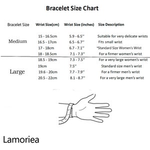 May include: Bracelet size chart with measurements in inches and centimeters. The chart shows the wrist size in inches and centimeters for different bracelet sizes, including medium and large. The chart also includes a description of the size, such as "Suitable for very delicate wrists" or "For a firmer women's wrist".