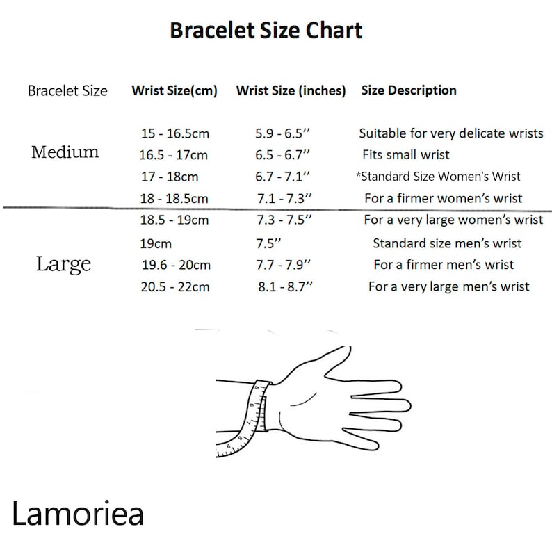 May include: Bracelet size chart with measurements in inches and centimeters. The chart shows the wrist size in inches and centimeters for different bracelet sizes, including medium and large. The chart also includes a description of the size, such as "Suitable for very delicate wrists" or "For a firmer women's wrist".