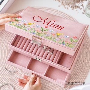 Gepersonaliseerde sieradendoos voor dames, grote sieradendoos met lade, fluwelen geboortebloembak, bloemenbak geboortemaand, sieradendoos voor haar, cadeau