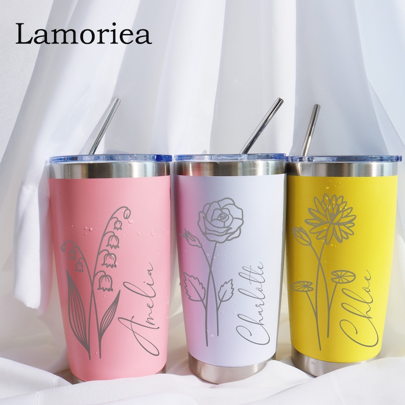 Personalized Birth Flower 20oz Tumbler, Laser Engraved Tumbler, Stainless Steel Mug, Insulated Tumbler, Birth Flower Tumbler image 3