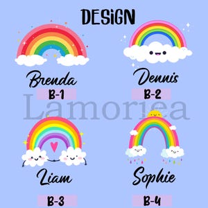 Puede incluir: Un fondo azul claro presenta cuatro dise&ntilde;os de arco&iacute;ris con los nombres Brenda, Dennis, Liam y Sophie. Cada arco&iacute;ris tiene un dise&ntilde;o &uacute;nico con nubes, corazones y un sol. La palabra "DESIGN" est&aacute; en la parte superior.