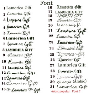 Może przedstawiać: Lista 31 r&oacute;żnych styl&oacute;w czcionek dla nazwy "Lamorica Gift". Czcionki wahają się od prostych do ozdobnych i obejmują r&oacute;żne style, w tym pismo odręczne, bezszeryfowe i szeryfowe. Najpopularniejsza czcionka to numer 7.