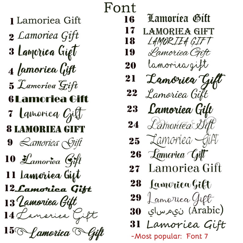 Może przedstawiać: Lista 31 r&oacute;żnych styl&oacute;w czcionek dla nazwy "Lamorica Gift". Czcionki wahają się od prostych do ozdobnych i obejmują r&oacute;żne style, w tym pismo odręczne, bezszeryfowe i szeryfowe. Najpopularniejsza czcionka to numer 7.
