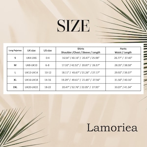 May include: A size chart for long pajamas labeled Lamoriea, featuring columns for UK size, US size, and measurements in inches for shirts and pants across sizes S to 2XL. The table details shoulder, chest, sleeve, length, waist, and length.