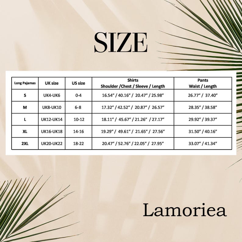 May include: A size chart for long pajamas labeled Lamoriea, featuring columns for UK size, US size, and measurements in inches for shirts and pants across sizes S to 2XL. The table details shoulder, chest, sleeve, length, waist, and length.