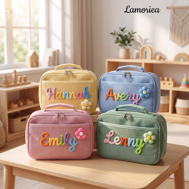 Puede incluir: Cuatro bolsas de almuerzo rectangulares de pana en amarillo, azul, rosa y verde. Cada bolsa tiene un asa superior, cierre de cremallera y un bolsillo frontal. Los nombres Hannah, Avery, Emily y Lenny aparecen en letras de felpa en relieve.