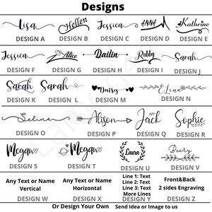 May include: A chart displaying 26 different designs for custom stamps. The designs feature names, arrows, hearts, flowers, and other decorative elements. The chart also includes options for vertical and horizontal text, as well as front and back engraving.