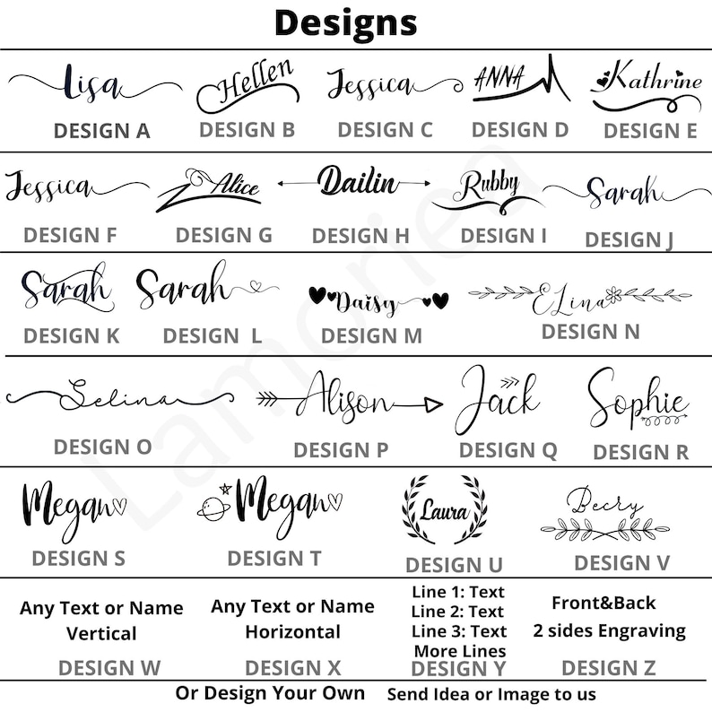 May include: A chart displaying 26 different designs for custom stamps. The designs feature names, arrows, hearts, flowers, and other decorative elements. The chart also includes options for vertical and horizontal text, as well as front and back engraving.
