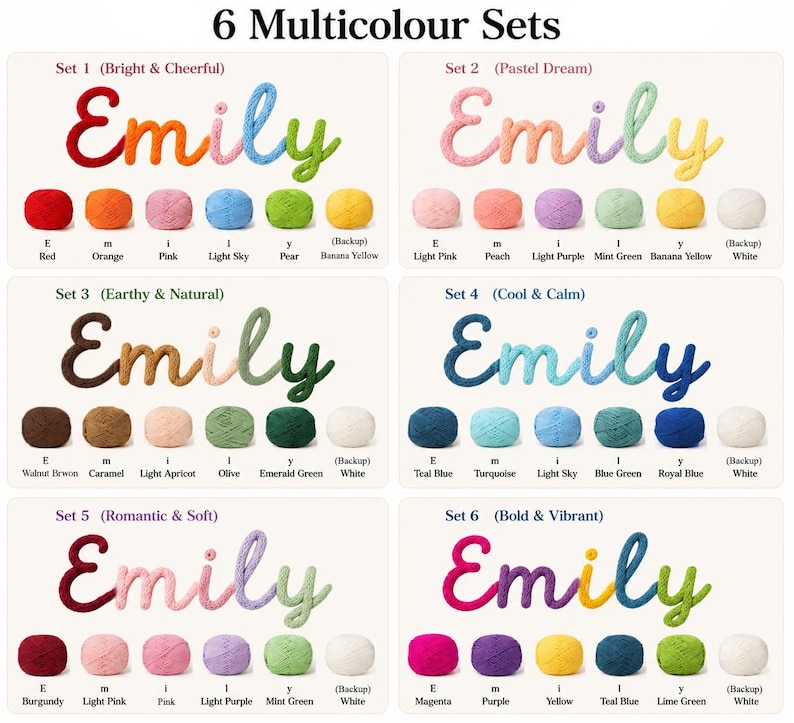 May include: Six sets of yarn-wrapped wire letters spelling the name Emily, displayed in various color palettes. Each set includes five individual yarn balls corresponding to the letter colors and one white backup yarn ball, labeled with color names.