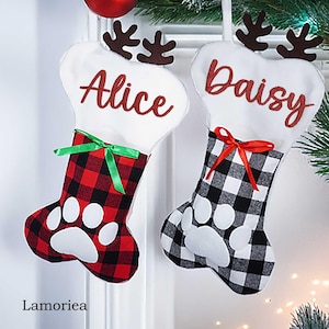 Embroidered Christmas Stockings with Name, Reindeer Stockings, Dog Bone Shaped Stockings, Pet Lover Gifts, Christmas Gifts, Gift for Pet