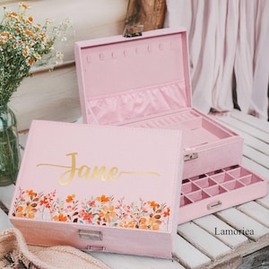 Grande boîte à bijoux personnalisée en velours avec fleurs, organiseur de maquillage pour femme, présentoir à bijoux, boîte à bijoux pour fille, cadeaux de Noël, cadeau femme