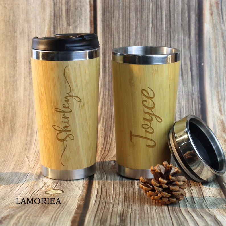 Custom Bamboo Coffee Mug, Personalized Insulated Mug, Engraved Coffee Mug, Eco Friendly Bamboo Mug, Drinks Flask, Monogram Cup, Gift for her image 2