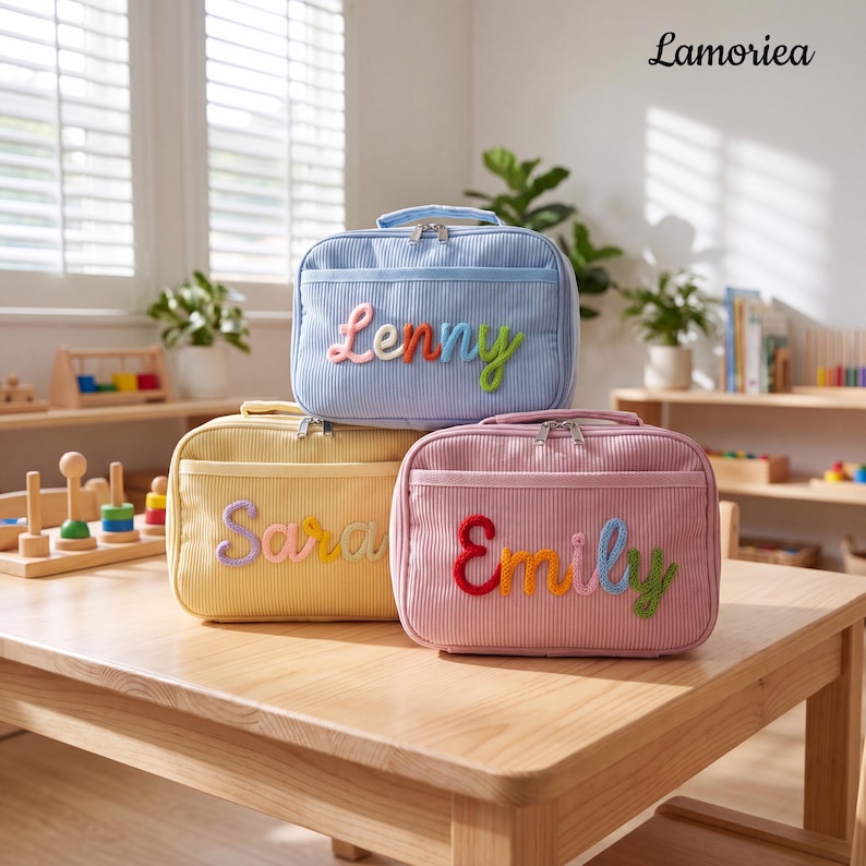 Puede incluir: Tres bolsas de almuerzo rectangulares de pana en azul claro, amarillo y rosa. Cada bolsa tiene una cremallera, un bolsillo frontal y un nombre bordado con letras de hilo texturizadas y coloridas: Lenny, Sara y Emily. La marca Lamoriea es visible.