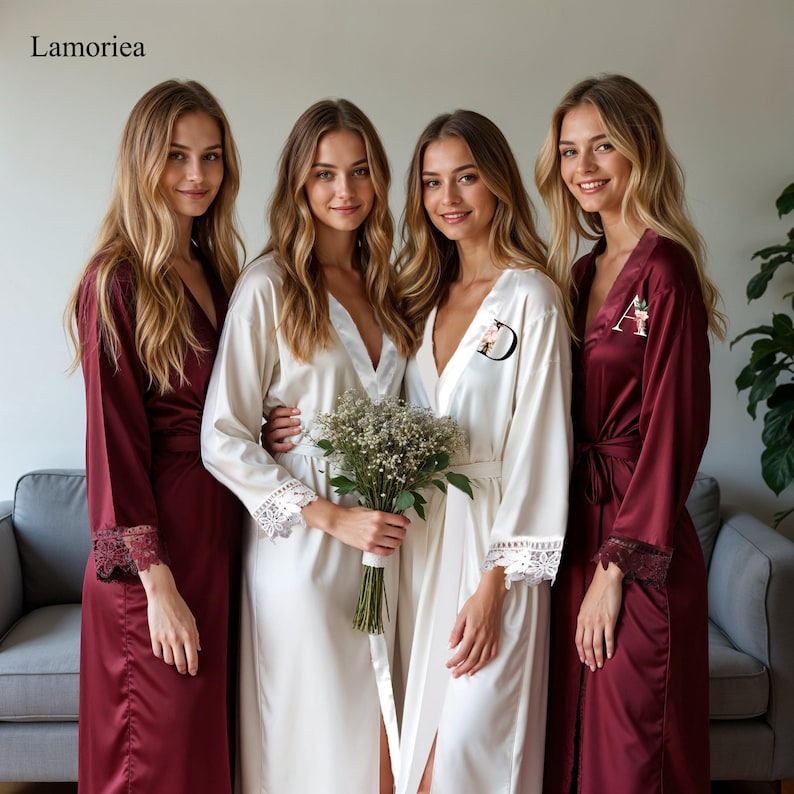 Red Robe R Initial Personalized Extra Long Robes With Lace, Dressing Gown, Bridesmaid ...