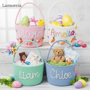 Cesta de Páscoa artesanal 2026, Cesta personalizada com coelhinho, Cesta de Páscoa para menina, Cesta de Páscoa infantil, Decoração de Páscoa, Cesta organizadora, Presente para a primeira Páscoa do bebê