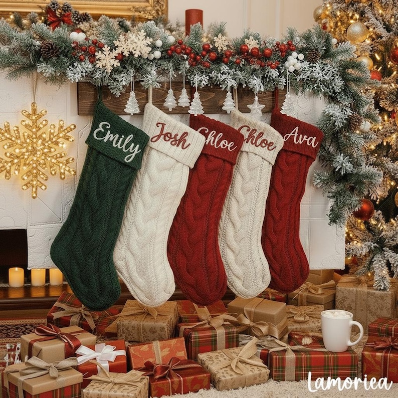 May include: Five cable-knit Christmas stockings in green, cream, and red hang above a fireplace decorated with garland and ornaments. Each stocking is personalized with a name: Emily, Josh, Chloe, Chloe, and Ava. Presents are arranged below.