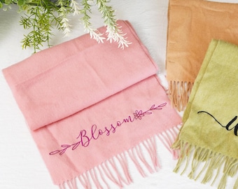 Embroidered Scarves, Wool Scarf, Name Scraf, Monogrammed Scarf, Mother's Day Gift, Green Scarf, Pink Scarf, Warm Scarf, Gift for Her