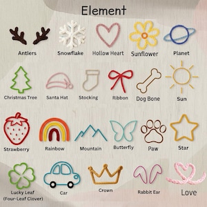 May include: A collection of twenty-four wire or yarn-like icons labelled Element, including antlers, snowflake, heart, sunflower, planet, tree, hat, stocking, ribbon, bone, sun, strawberry, rainbow, mountain, butterfly, paw, star, clover, car, crown, ears, and love.