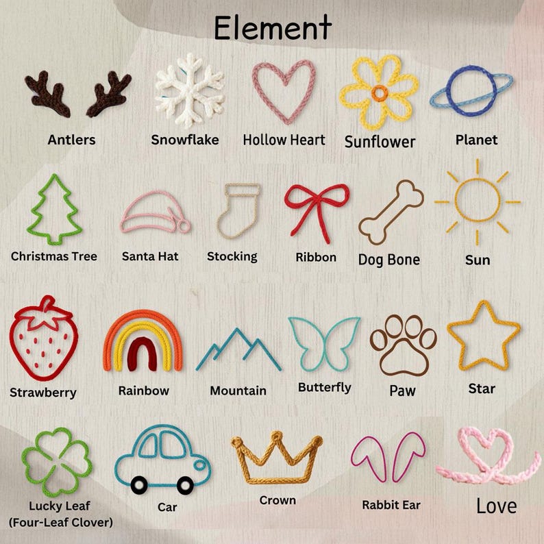 May include: A collection of twenty-four wire or yarn-like icons labelled Element, including antlers, snowflake, heart, sunflower, planet, tree, hat, stocking, ribbon, bone, sun, strawberry, rainbow, mountain, butterfly, paw, star, clover, car, crown, ears, and love.