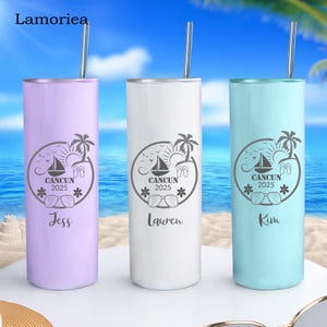 Personalized 20oz Skinny Tumbler, Summer Beach Tumbler, Vacation Tumbler, Laser Engraved Mugs, Stainless Steel Cups, Family Holiday Tumblers