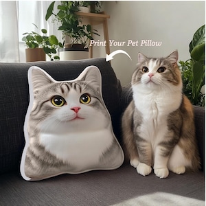 Puede incluir: Un coj&iacute;n con forma de gato y un gato real est&aacute;n sentados en un sof&aacute;. El coj&iacute;n tiene un patr&oacute;n atigrado blanco, gris y marr&oacute;n, con ojos amarillos y una nariz rosa. El texto "Print Your Pet Pillow" est&aacute; encima del coj&iacute;n.