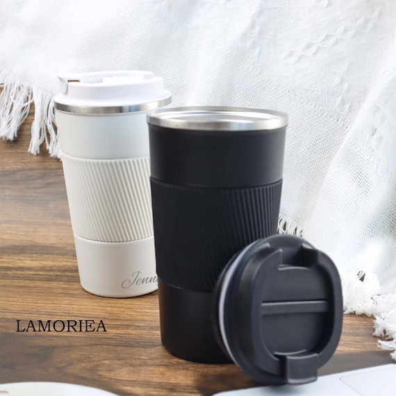 Large Travel Coffee Mug Tumbler with Clear Slide Lid & Handle, Reusable  Vacuum Insulated Double Wall Stainless Steel Thermos, Fits in Cup Holder,  30oz