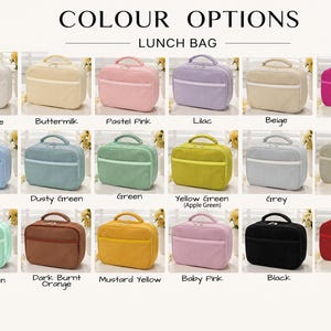 May include: A collection of rectangular lunch bags displayed in eighteen different solid colors including off-white, buttermilk, pastel pink, lilac, beige, ruby, blue, dusty green, green, yellow green, grey, sand, mint green, burnt orange, mustard yellow, baby pink, black, and red.