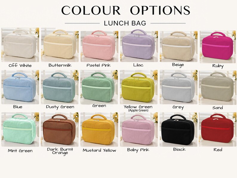 May include: A collection of rectangular lunch bags displayed in eighteen different solid colors including off-white, buttermilk, pastel pink, lilac, beige, ruby, blue, dusty green, green, yellow green, grey, sand, mint green, burnt orange, mustard yellow, baby pink, black, and red.