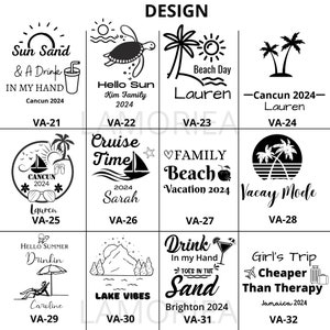 Pode incluir: Uma grelha de 12 designs para copos com v&aacute;rias ilustra&ccedil;&otilde;es e textos com tema de f&eacute;rias. Os designs incluem palmeiras, uma tartaruga, um veleiro, um copo de cocktail, um guarda-sol de praia e uma montanha. O texto inclui frases como "Sun Sand & A Drink", "Hello Sun", "Cruise Time", "Family Beach Vacation", "Vacay Mode", "Drink in my Hand", "Lake Vibes", e "Girl's Trip Cheaper Than Therapy".