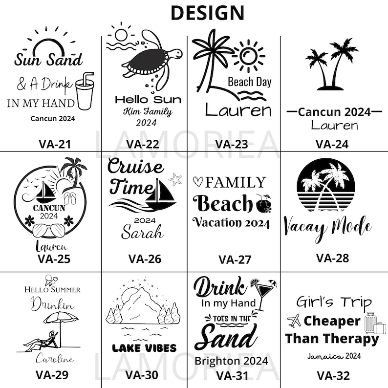 Pode incluir: Uma grelha de 12 designs para copos com v&aacute;rias ilustra&ccedil;&otilde;es e textos com tema de f&eacute;rias. Os designs incluem palmeiras, uma tartaruga, um veleiro, um copo de cocktail, um guarda-sol de praia e uma montanha. O texto inclui frases como "Sun Sand & A Drink", "Hello Sun", "Cruise Time", "Family Beach Vacation", "Vacay Mode", "Drink in my Hand", "Lake Vibes", e "Girl's Trip Cheaper Than Therapy".
