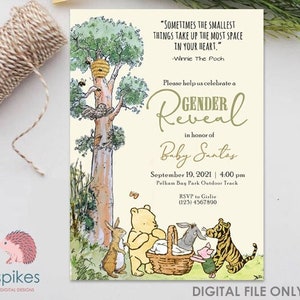 Tarjeta de invitación clásica de Winnie The Pooh / Revelación de género / Neutral / Niño niña / Personalizada para ti / Solo digital / Baby Shower