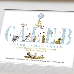 Annuncio di nascita digitale personalizzato - Classico Winnie The Pooh, nome, arredamento della cameretta dei bambini, camera da letto per bambini, arte della parete, regalo per bambini, statistiche di nascita