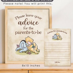 Panneau Conseils 20 x 10 po pour les futurs parents et cartes-conseils de 17 x 20 cm/Classique Winnie l'ourson/Jeux d'activités pour baby shower/Téléchargement immédiat