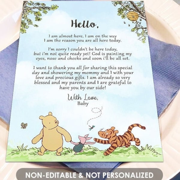 DOWNLOADABLE Note Card! 5x7 and 4x6  inches JPEG File / Classic Winnie The Pooh Baby Shower / Instant Download