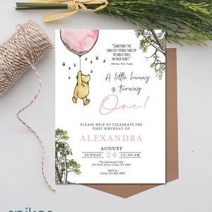 DIGITALE Classico Winnie The Pooh Biglietto d'invito per il compleanno / Festa per ragazze rosa / Personalizzato / Solo digitale