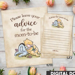 Placa de conselhos de 8 "x 10" para futura mamãe e cartões de conselhos de 5 "x 7" / Ursinho Pooh clássico / Atividade de jogos de chá de bebê / Download instantâneo