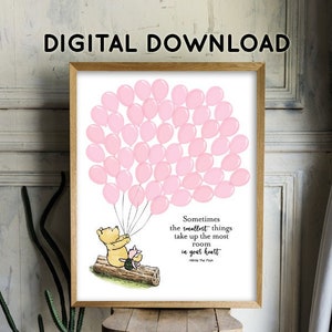 Classic Winnie The Pooh Guestbook with 50 Balloons/ Pink Girl /Printable Digital Instant Download/Two Sizes 16x20 and 11x14/Sign Poster