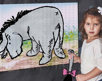 May include: Printable digital download of a black and white illustration of Eeyore the donkey from Winnie the Pooh. The illustration is on a white background. The text "DOWNLOADABLE PLEASE NOTE! YOU WILL PRINT THIS!" is at the top of the image. The text "DOWNLOAD ALL FOUR (4) SIZES 36" X 24" / 30" X 20" / 20" X 16" / 18" X 12" is at the bottom of the image.