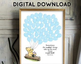 Livre d'or classique Winnie l'ourson avec 50 ballons / Bleu /Téléchargement instantané numérique imprimable / Deux tailles 16 x 20 et 11 x 14 / Affiche de signe
