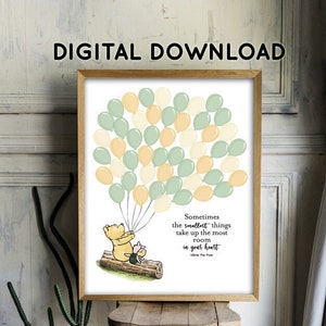 Classic Winnie The Pooh Guestbook with 50 Balloons/ Green, Cream, Yellow /Digital Instant Download/Two Sizes 16x20 and 11x14/Sign Poster