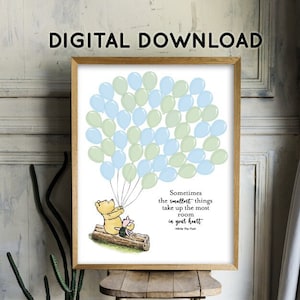 Classic Winnie The Pooh Guestbook with 50 Balloons/ Green, Blue /Digital Instant Download/Two Sizes 16x20 and 11x14/Sign Poster