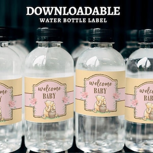 Printable Water Bottle Label / Classic Winnie The Pooh Baby Shower Pink Floral Girl /Download in Seconds!/Instant Download