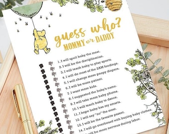 Gender Neutral / Classic Winnie The Pooh Baby Shower Games/ Guess Who Mommy Or Daddy / Instant Download / 5x7 inches