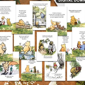Paquete digital de 14 citas, 5" x 7" y 4" x 6" Cita clásica de Winnie The Pooh/Baby Shower Cumpleaños/Banner Centro de mesa Letrero Póster Decoración