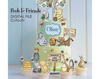 May include: Winnie the Pooh and friends cake topper set with a blue and white checkered number one, a green tree, a honey pot, a sign that says "I saw you. Have an Adventure", and a sign that says "Hundred Acre Wood".